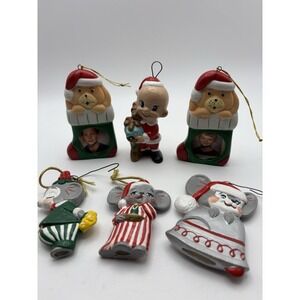 Ceramic Christmas Ornaments Figurines Set of 6 Vtg Hand Painted Mice Dogs Frames